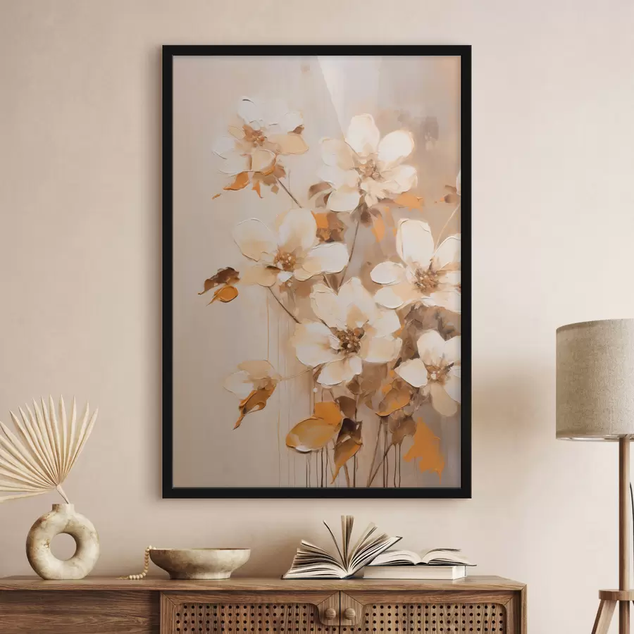 Fototapet Bílé květy s oranžovými listy, jemné tahy štětcem, květinové aranžmá, botanické umění f45574