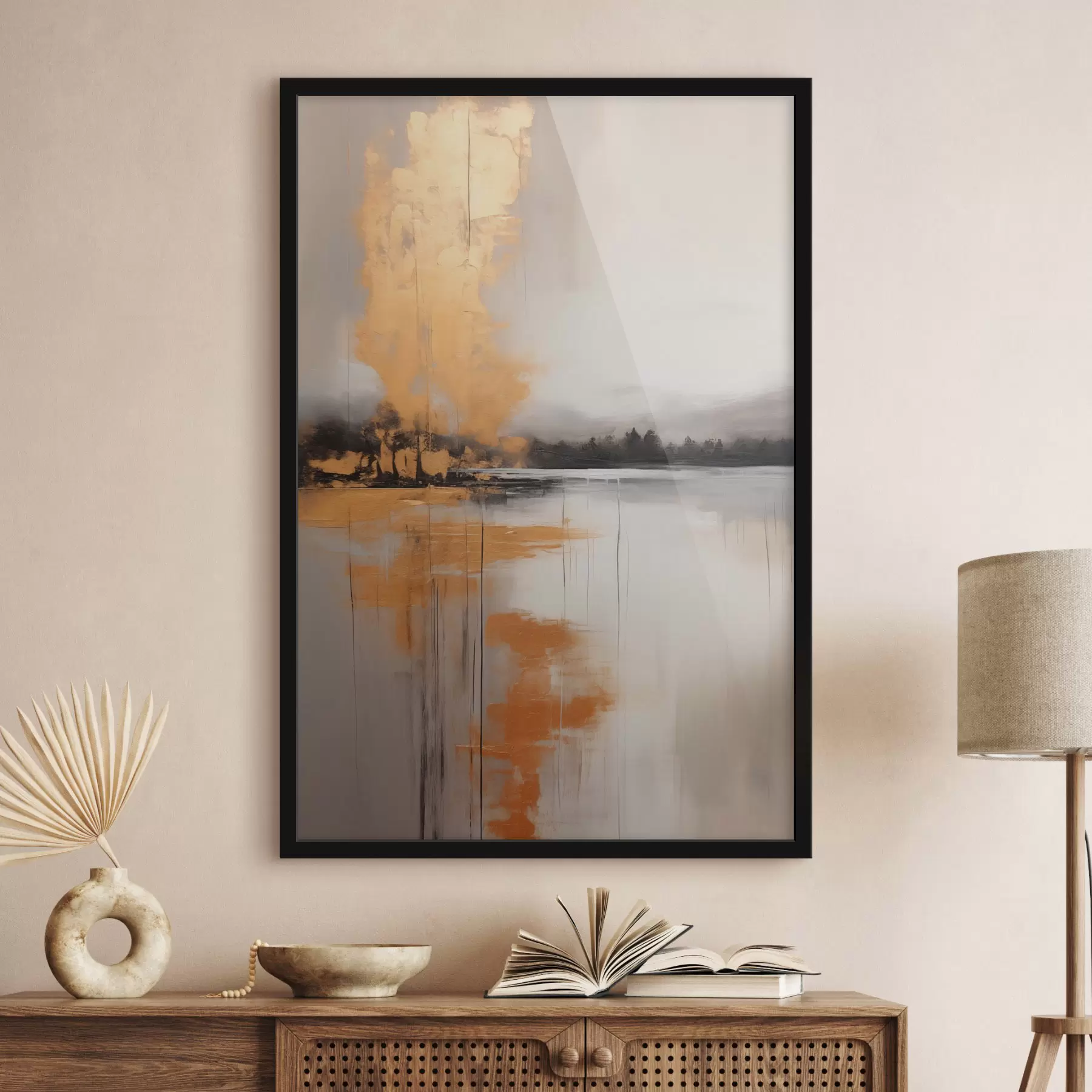 Fototapet Abstraktní krajina s jezerem, stromem a žlutou mlhou , ve které se odráží voda a zatažená obloha f45575