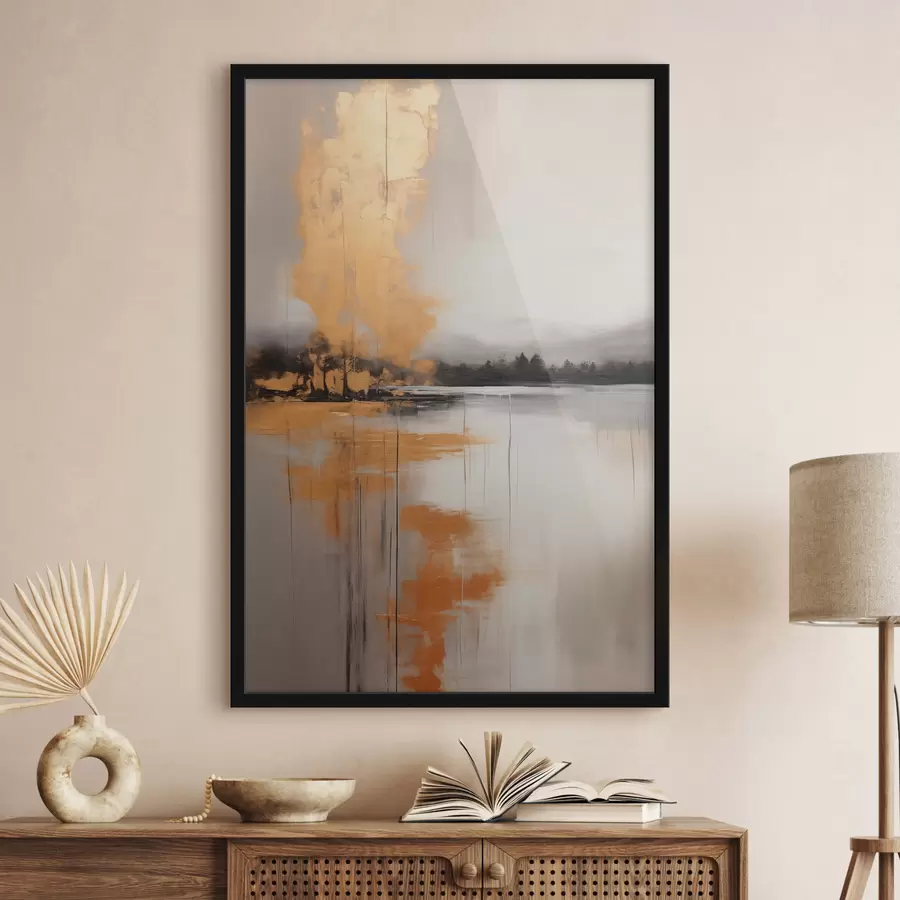 Fototapet Abstraktní krajina s jezerem, stromem a žlutou mlhou , ve které se odráží voda a zatažená obloha f45575