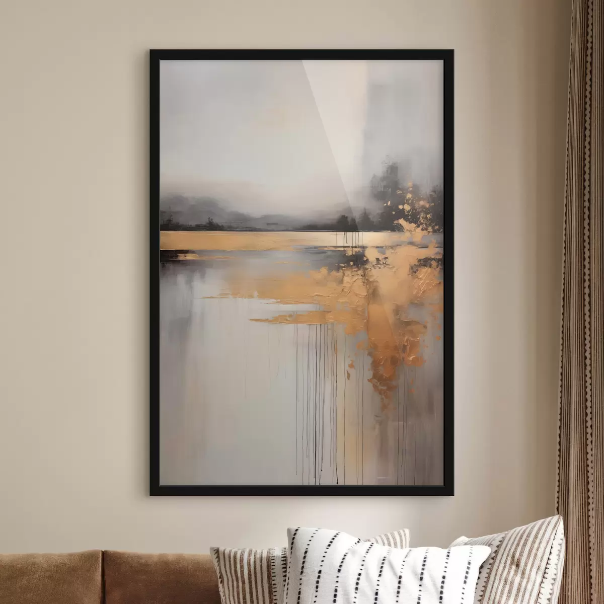 Poster Abstraktní krajina s texturou, řekou a tmavými stromy v pozadí, zatažená obloha f45576