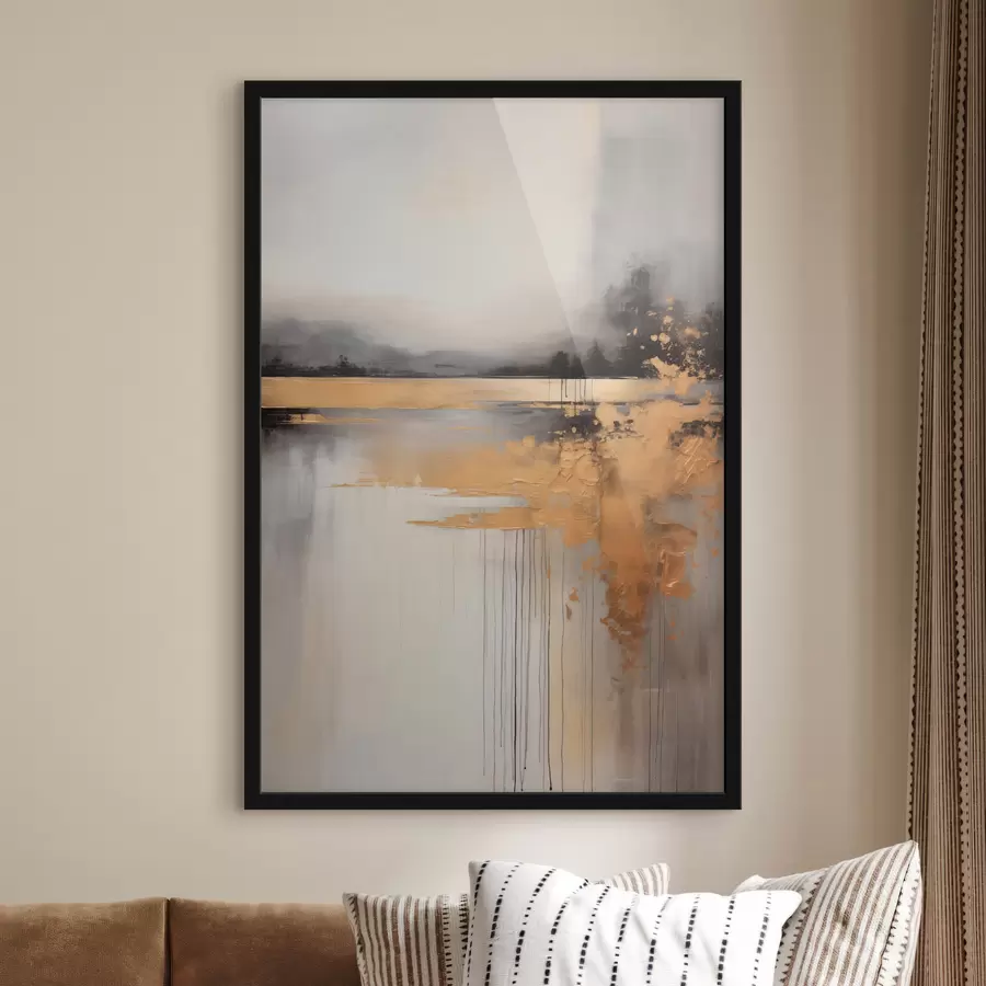 Fototapet Abstraktní krajina s texturou, řekou a tmavými stromy v pozadí, zatažená obloha f45576