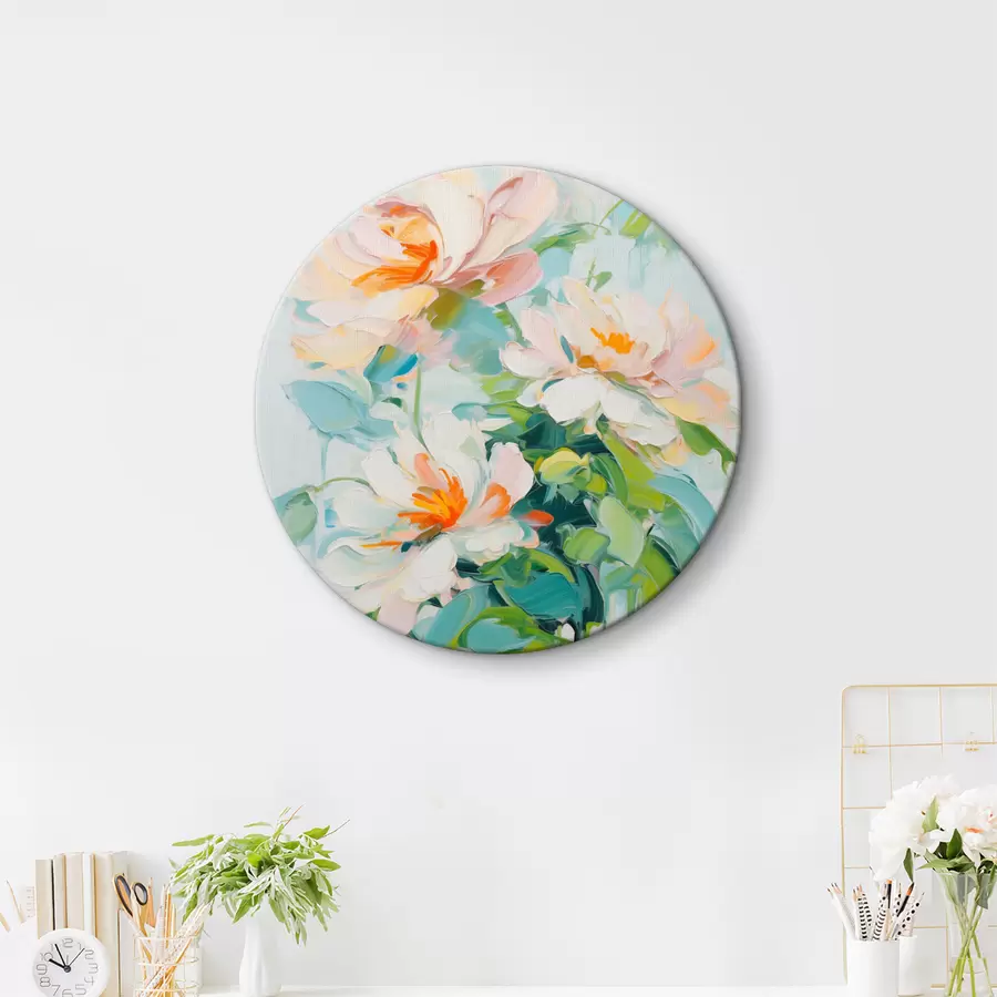 Obraz Bílé a pastelové broskvové květy, zelené listy, jemné tahy štětcem imitace olejomalby, světle modré pozadí Č. r45550