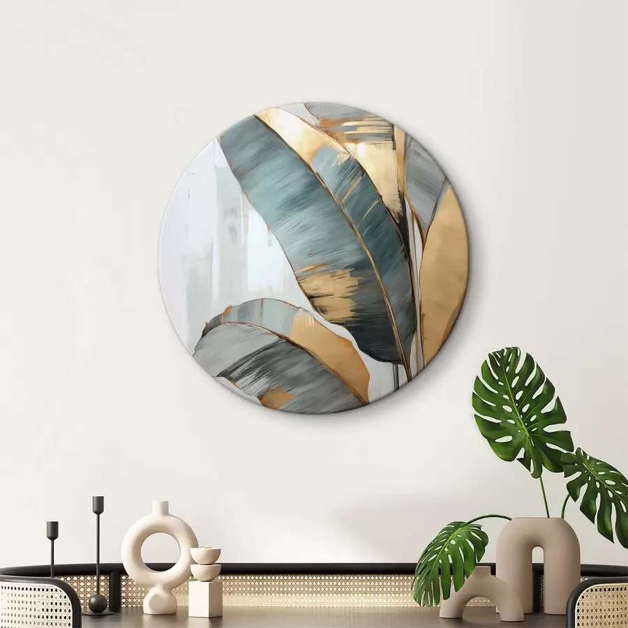 Obraz Sada tlumených modrých, šedých a žlutých banánových listů s viditelnými tahy štětce na bílém abstraktním pozadí Č. r45551