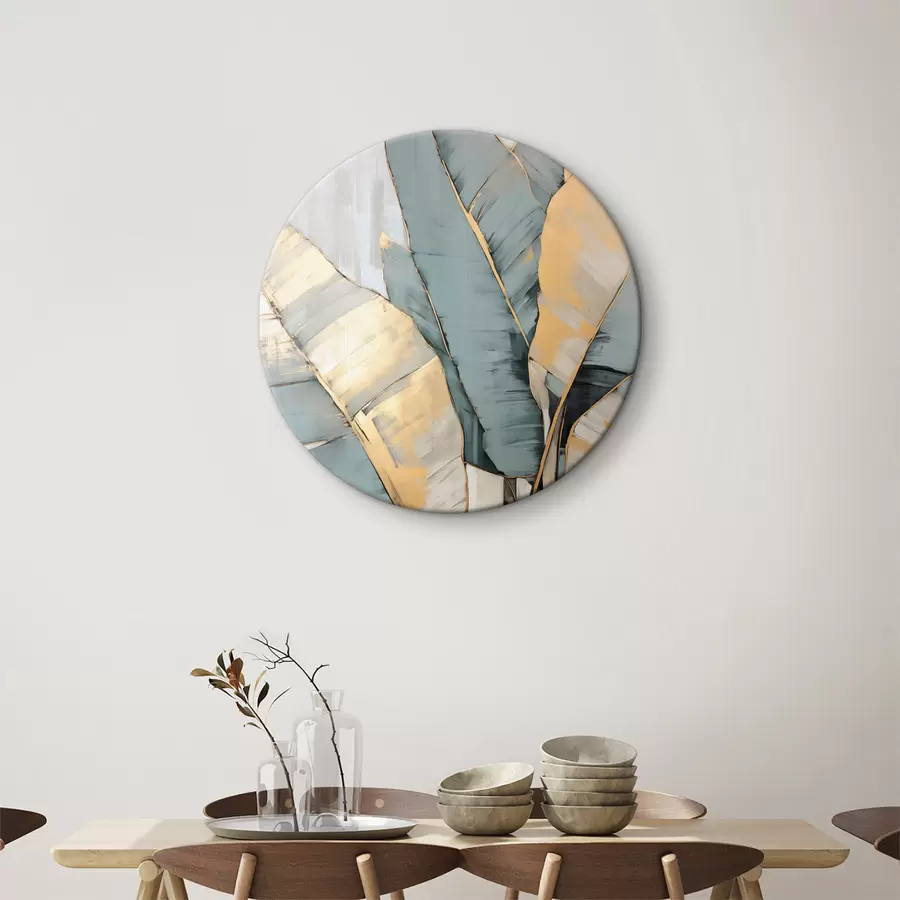 Obraz Tlumené modré, šedé a žluté banánové listy s viditelnými tahy štětce na bílém abstraktním pozadí Č. r45552