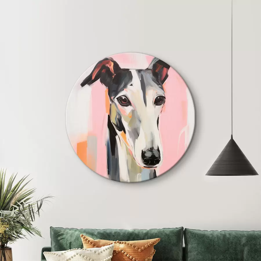 Obraz Chrt na pozadí růžových, oranžových a bílých tahů štětcem Č. r45566