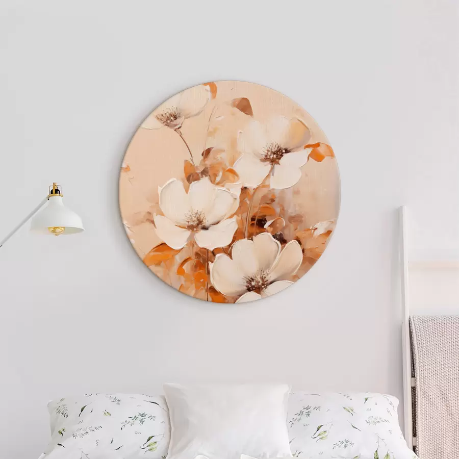 Obraz Bílé květy s oranžovými listy, jemné tahy štětcem, teplá paleta barev, elegantní kompozice Č. r45573