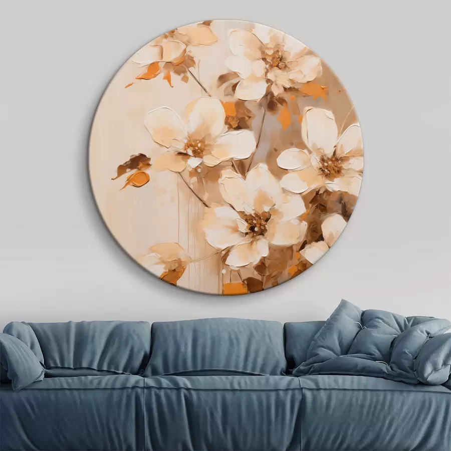 Obraz Bílé květy s oranžovými listy, jemné tahy štětcem, květinové aranžmá, botanické umění Č. r45574