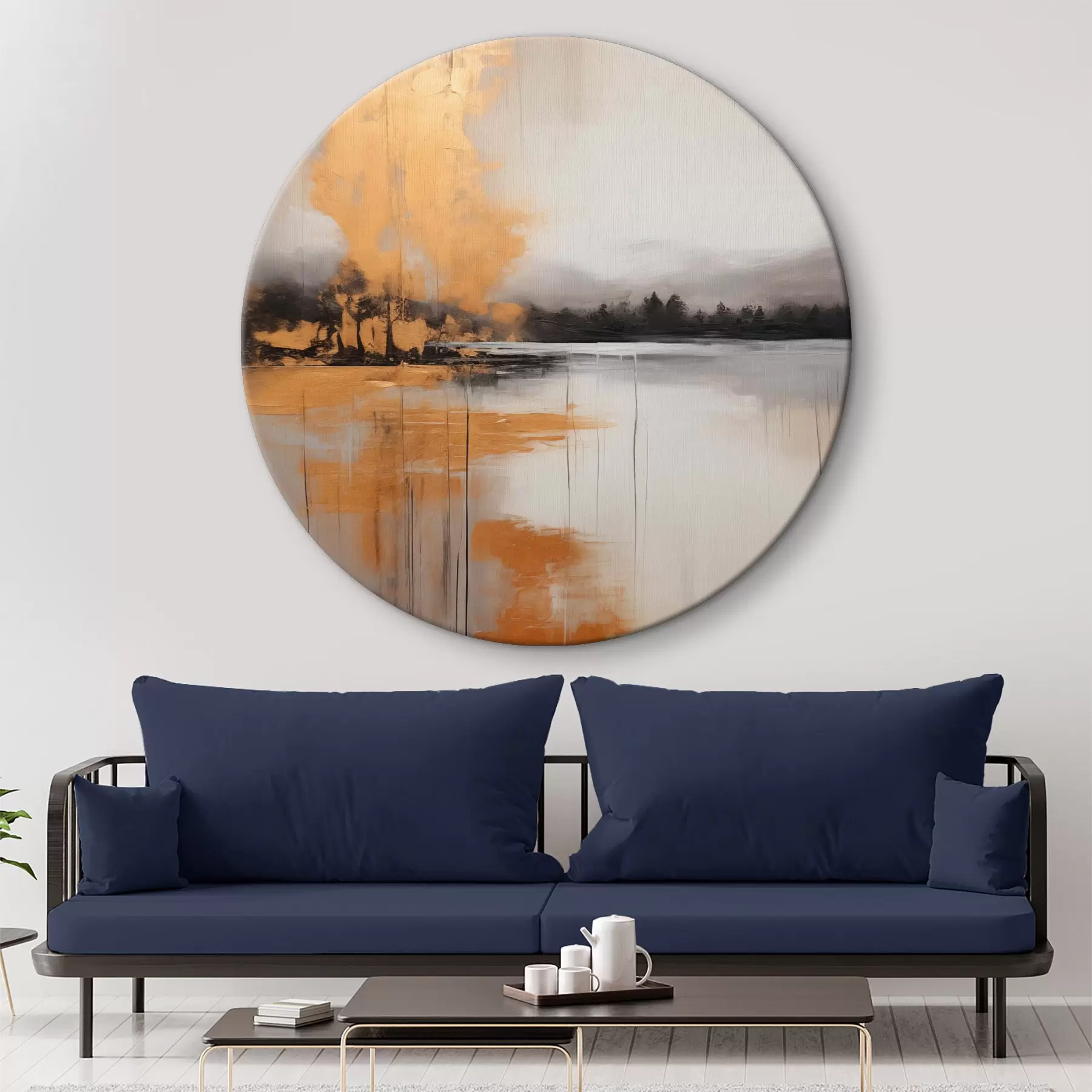 Obraz Abstraktní krajina s jezerem, stromem a žlutou mlhou , ve které se odráží voda a zatažená obloha Č. r45575