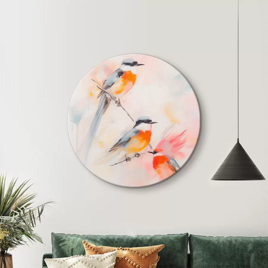 Obraz Ptáci sedící na větvích , jemné pastelové barvy, světlé pozadí s růžovými a bílými odstíny Č. r45577