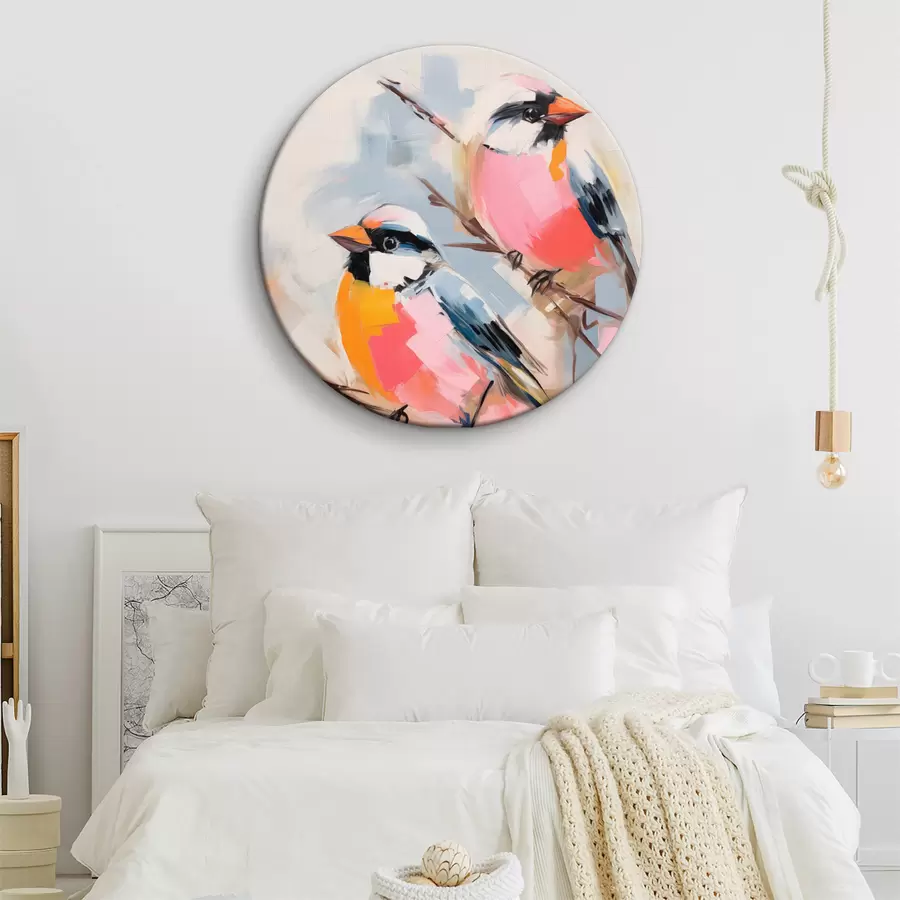 Obraz Barevní ptáci sedící na větvi na jemném pastelovém pozadí Č. r45578