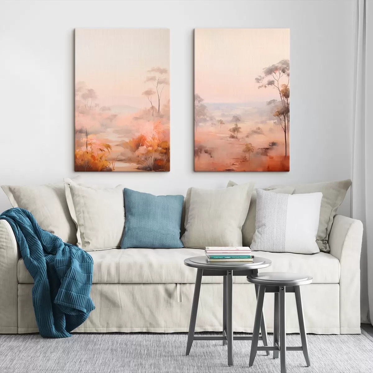 Obraz Krajina s keři a stromy v odstínech růžové, oranžové a hnědé barvy s horami v pozadí Č. m00646