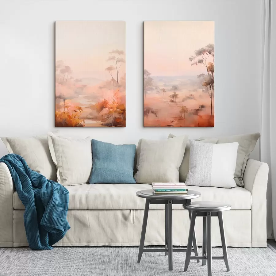 Obraz Krajina s keři a stromy v odstínech růžové, oranžové a hnědé barvy s horami v pozadí Č. m00646