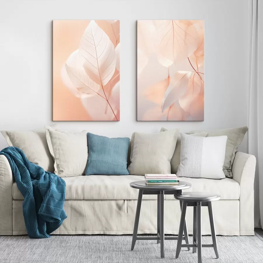 Obraz Detailní záběr průsvitných listů s jemnými žilkami, jemná broskvová a bílá paleta barev, rozmazané pozadí Č. m00647