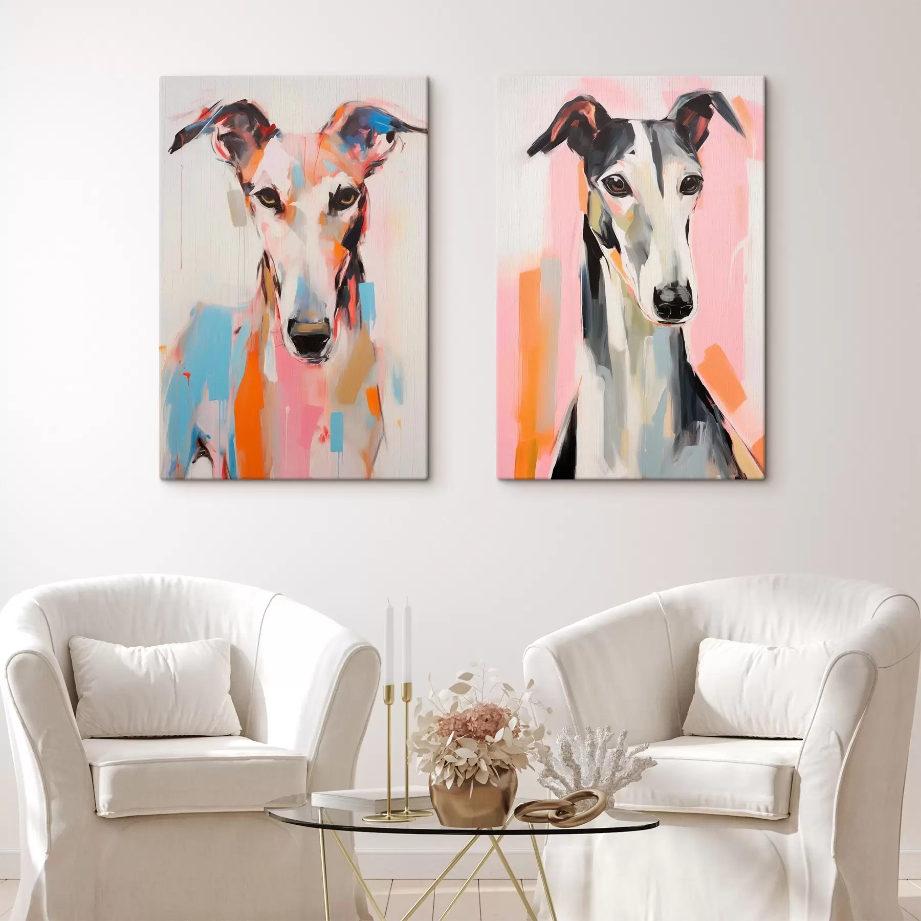 Obraz Chrtí pes namalovaný v zářivých barvách, jako je oranžová, růžová a modrá, na obyčejném bílém pozadí Č. m00652