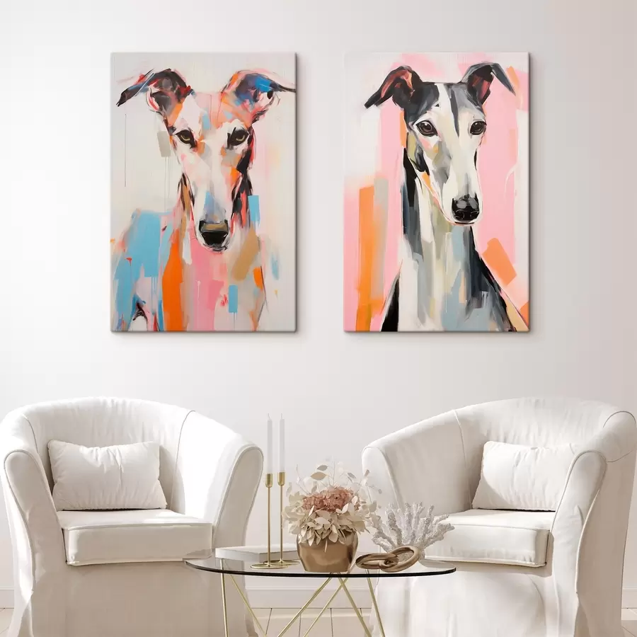 Obraz Chrtí pes namalovaný v zářivých barvách, jako je oranžová, růžová a modrá, na obyčejném bílém pozadí Č. m00652