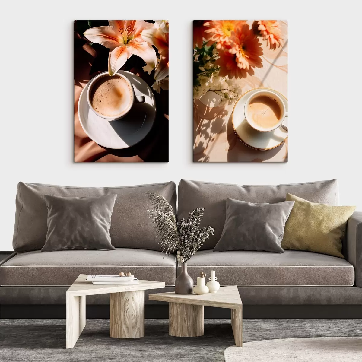 Obraz Šálek kávy s pěnou na bílém talíři, květiny v pozadí, sluneční světlo Č. m00654