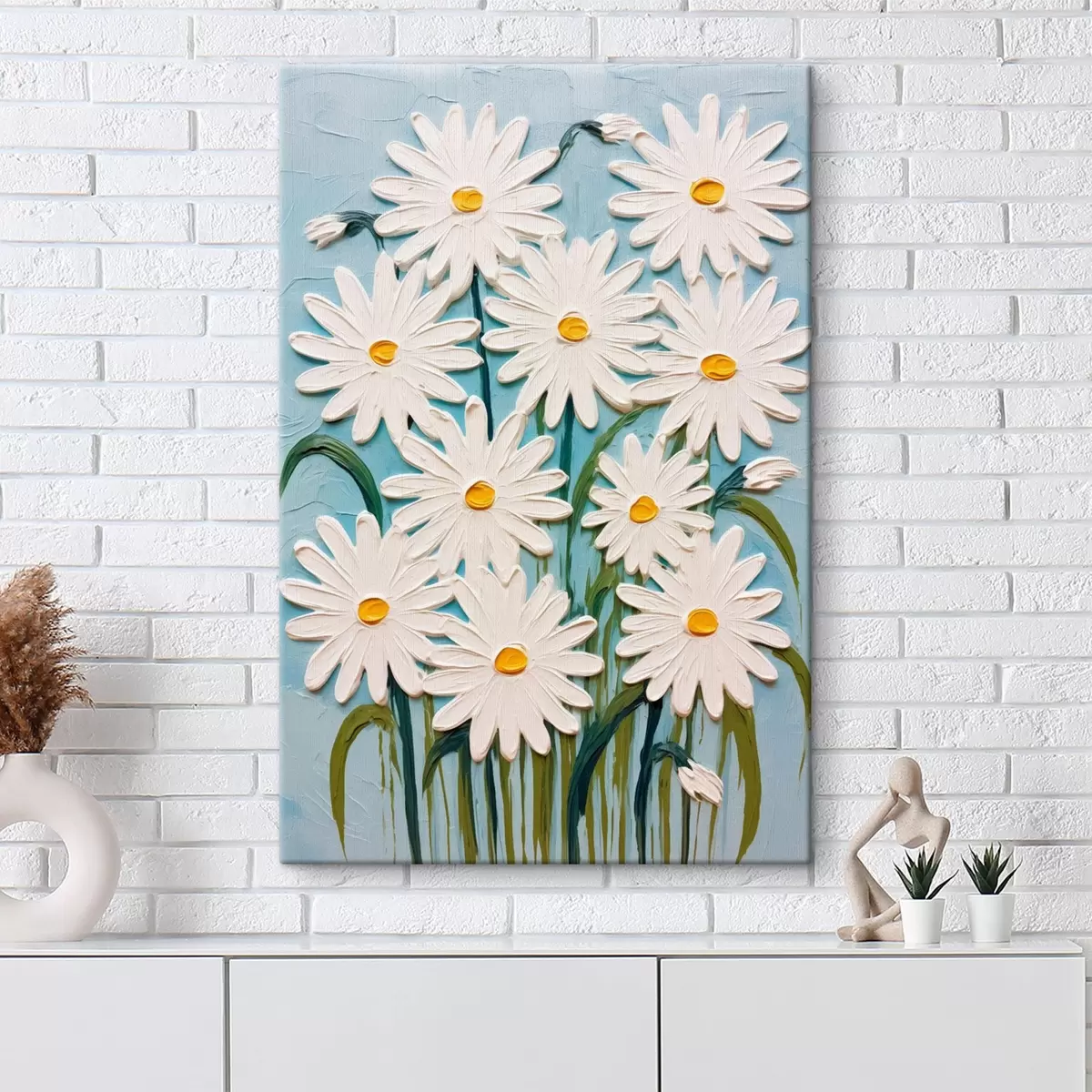 Obraz Sedmikrásky ve stylu reliéfní malby: kompozice na modrém pozadí Č. s45527