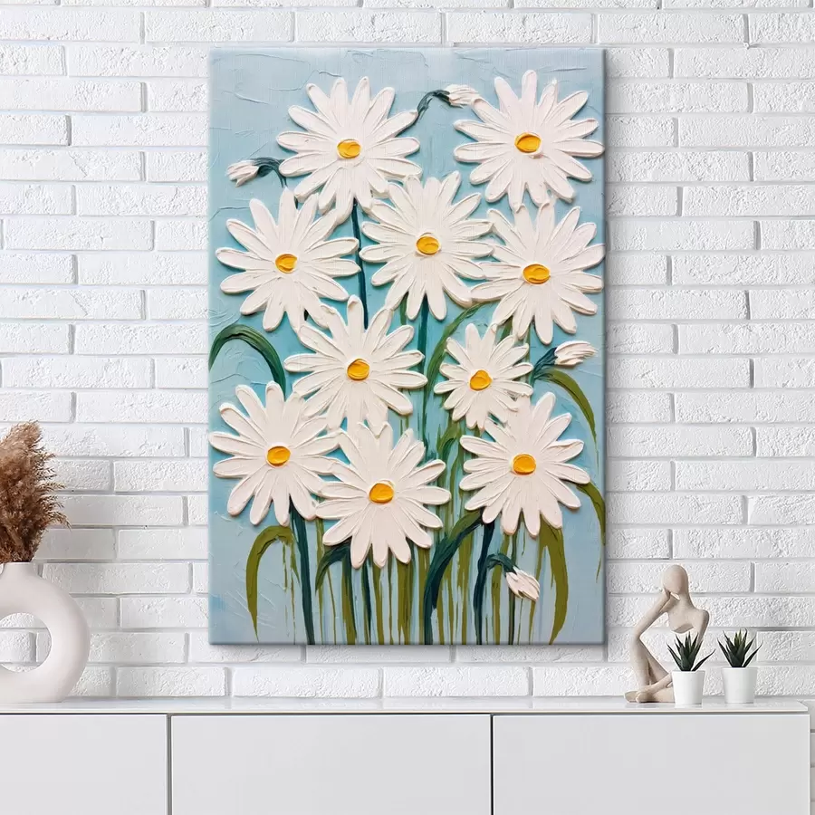 Obraz Sedmikrásky ve stylu reliéfní malby: kompozice na modrém pozadí Č. s45527