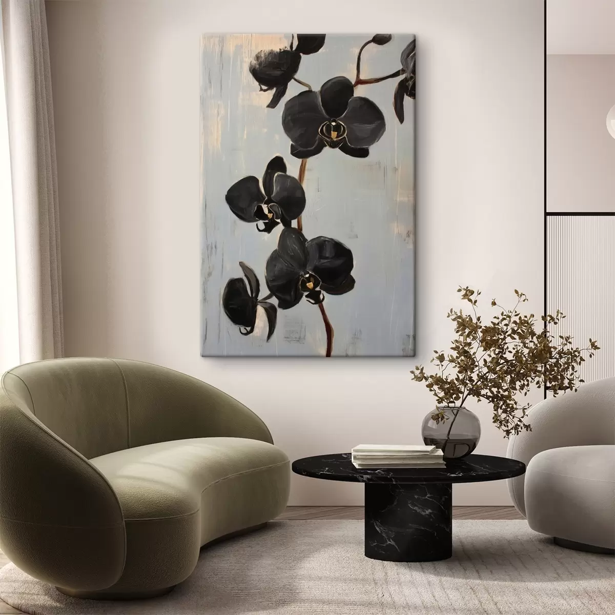 Obraz Dekorativní orchideje: černé květy na šedém pozadí Č. s45547