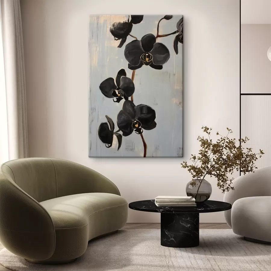 Obraz Dekorativní orchideje: černé květy na šedém pozadí Č. s45547