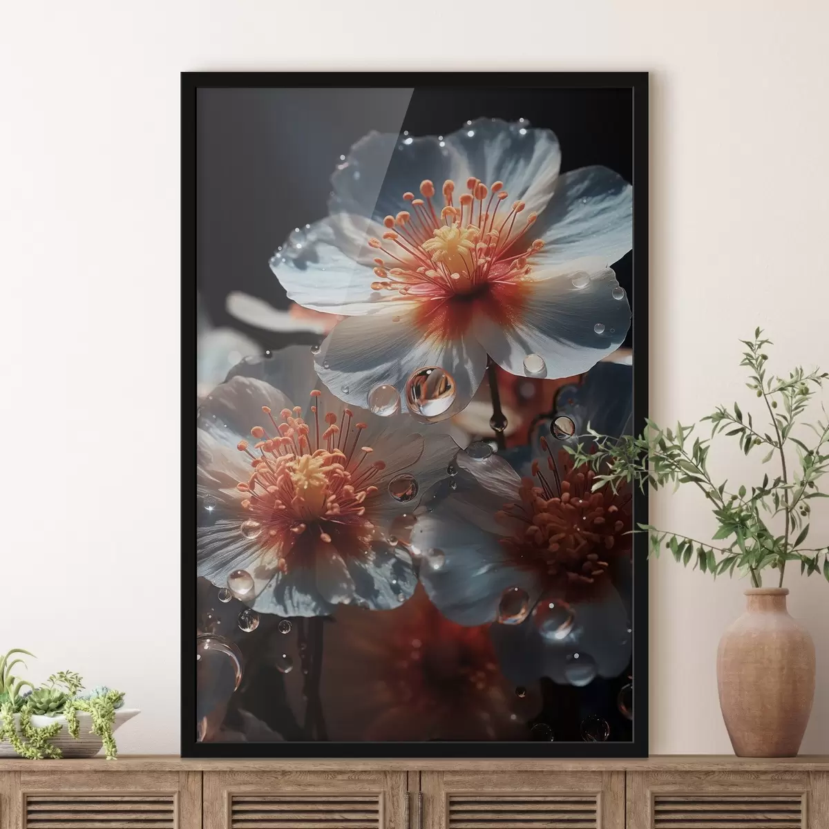 Poster Květinový motiv: krása okvětních lístků s rosou na tmavém pozadí f45529