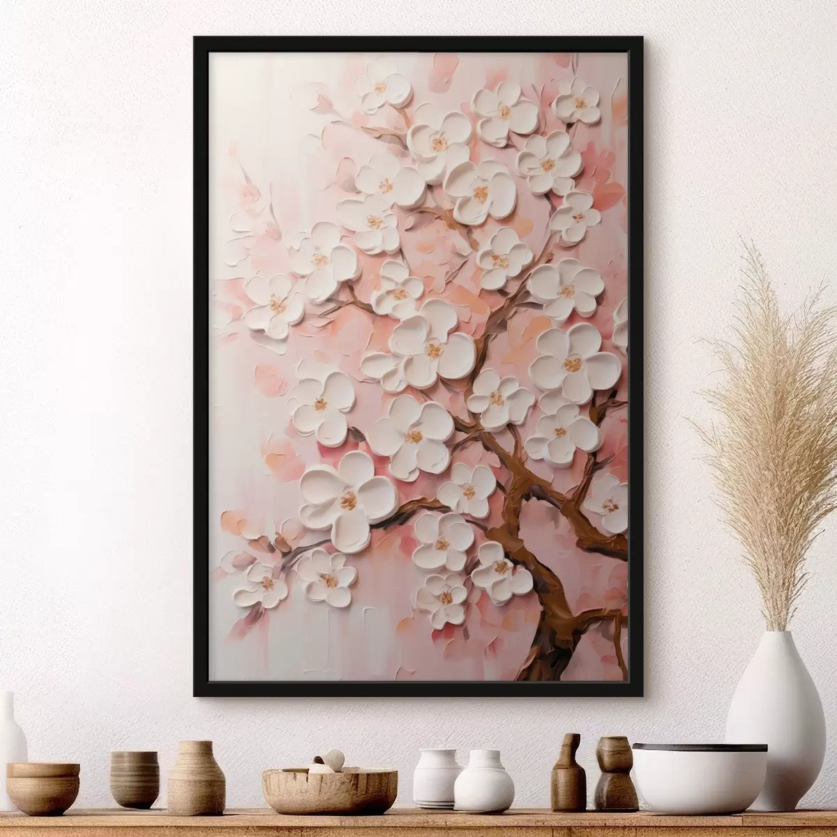 Poster Kvetoucí větev: reliéfní kompozice ve světle růžových tónech f45543