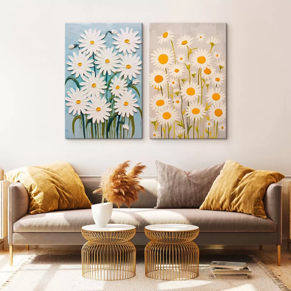 Obraz Jarní svěžest: diptych s objemnými kopretinami ve stylu impasto Č. m00633