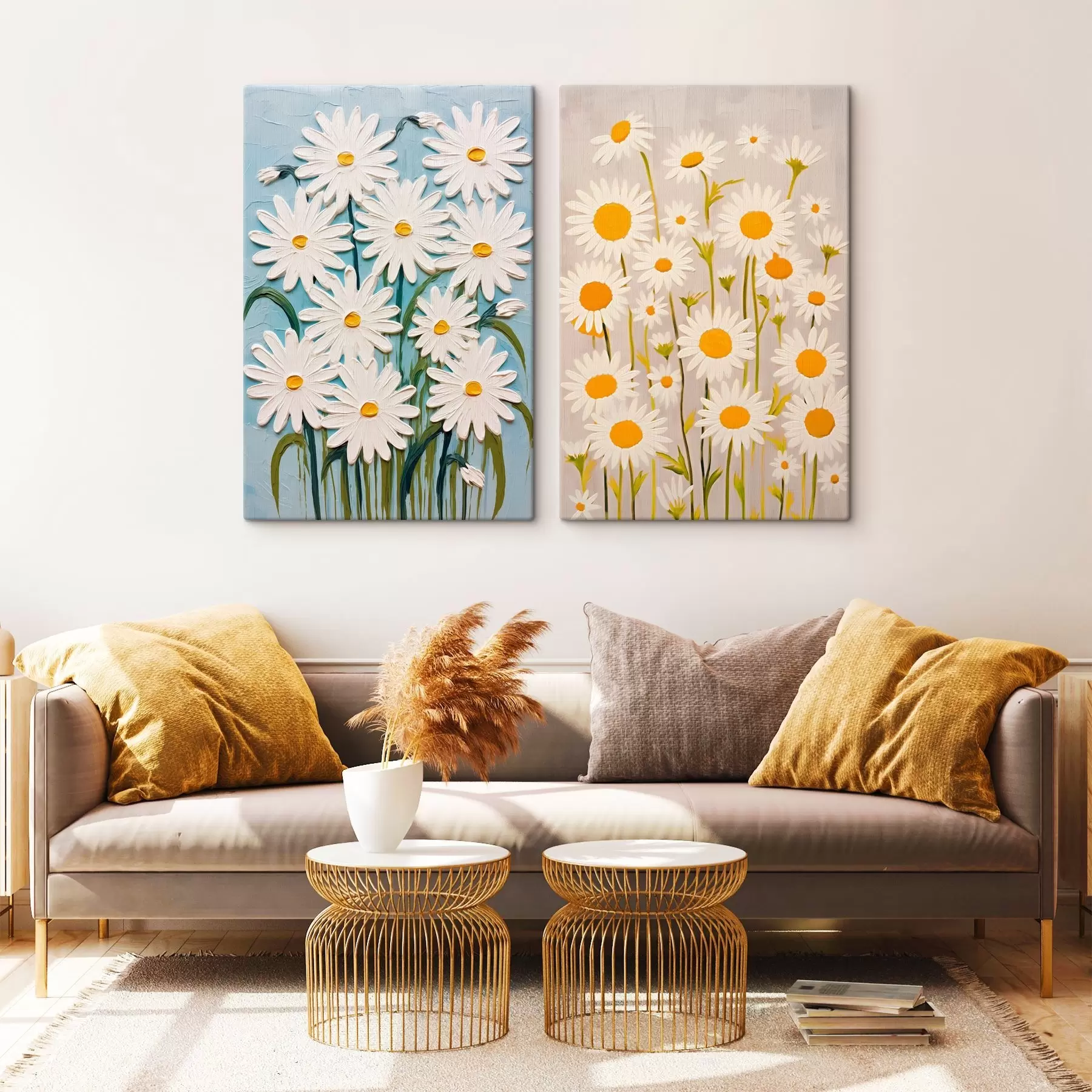 Obraz Jarní svěžest: diptych s objemnými kopretinami ve stylu impasto Č. m00633