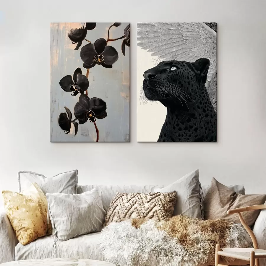 Obraz Tmavé orchideje a okřídlená šelma: umělecká kompozice Č. m00640