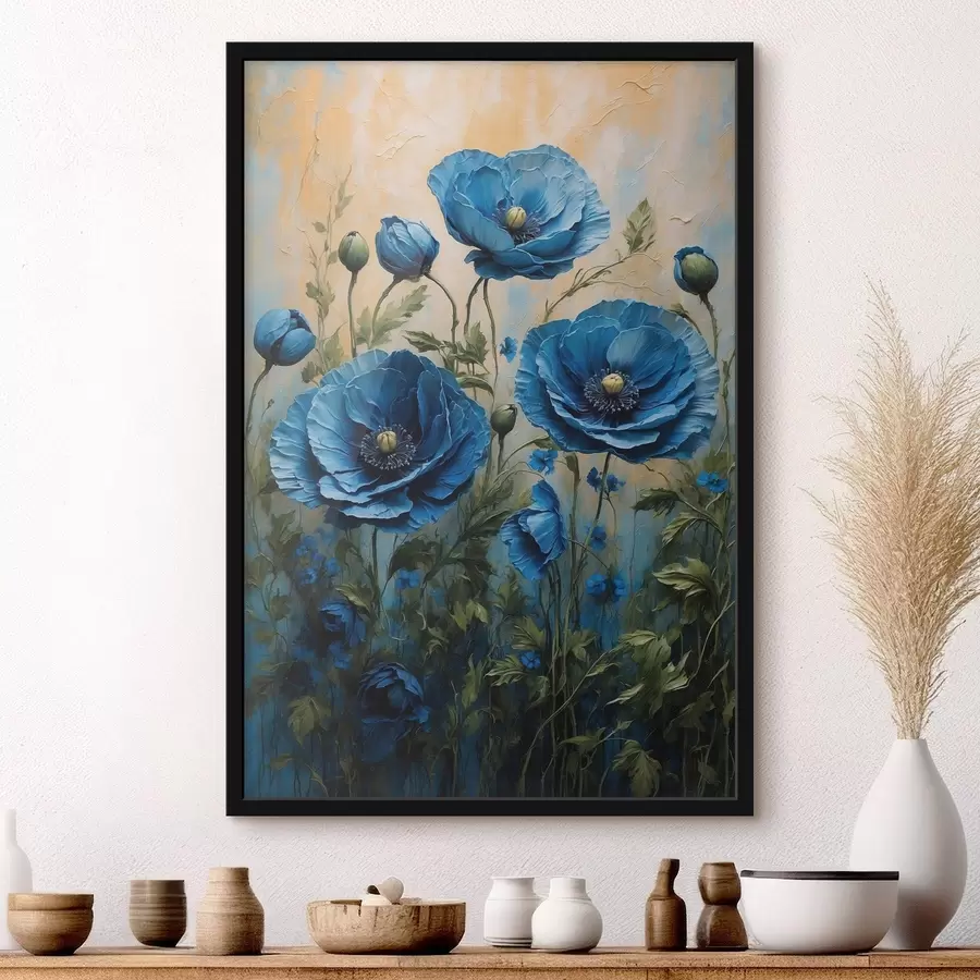 Fototapet Velké modré máky s poupaty na světlém pozadí f45488