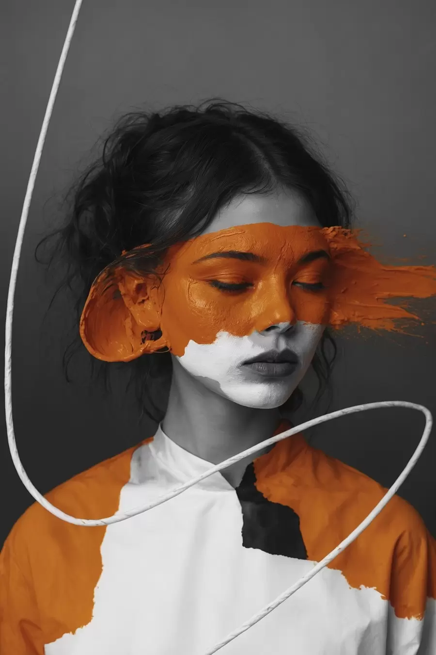 Fototapet Portrét dívky s abstraktním oranžovým obrazem f45495