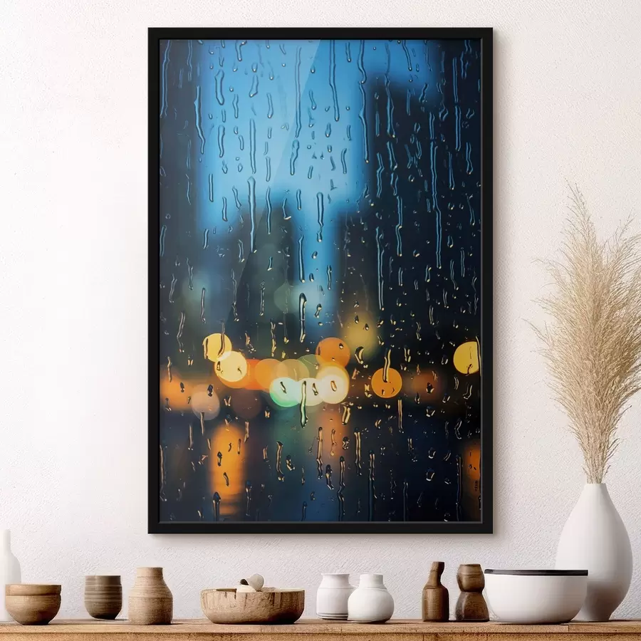 Fototapet Kapky deště na okně s nočními světly f45500