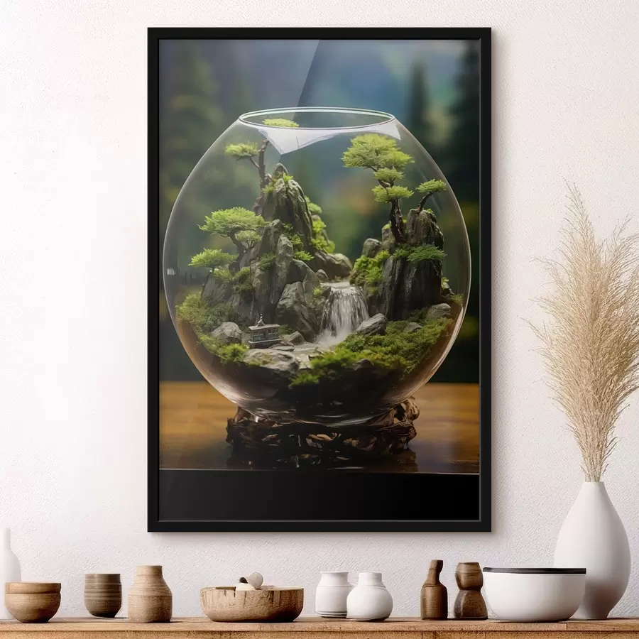 Fototapet Miniaturní krajina s vodopádem ve skleněné kouli f45502