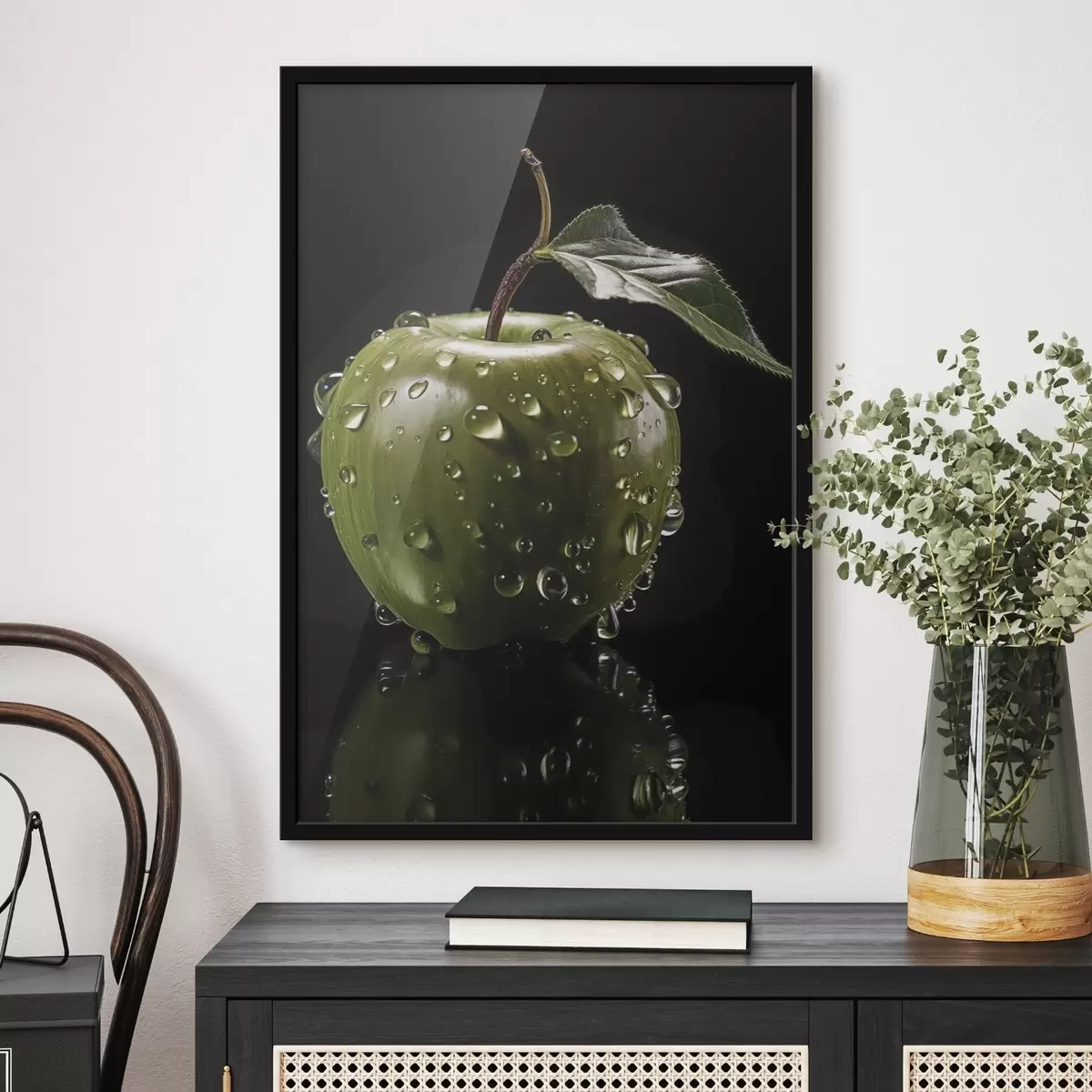 Poster Zelené jablko s kapkami vody f45506