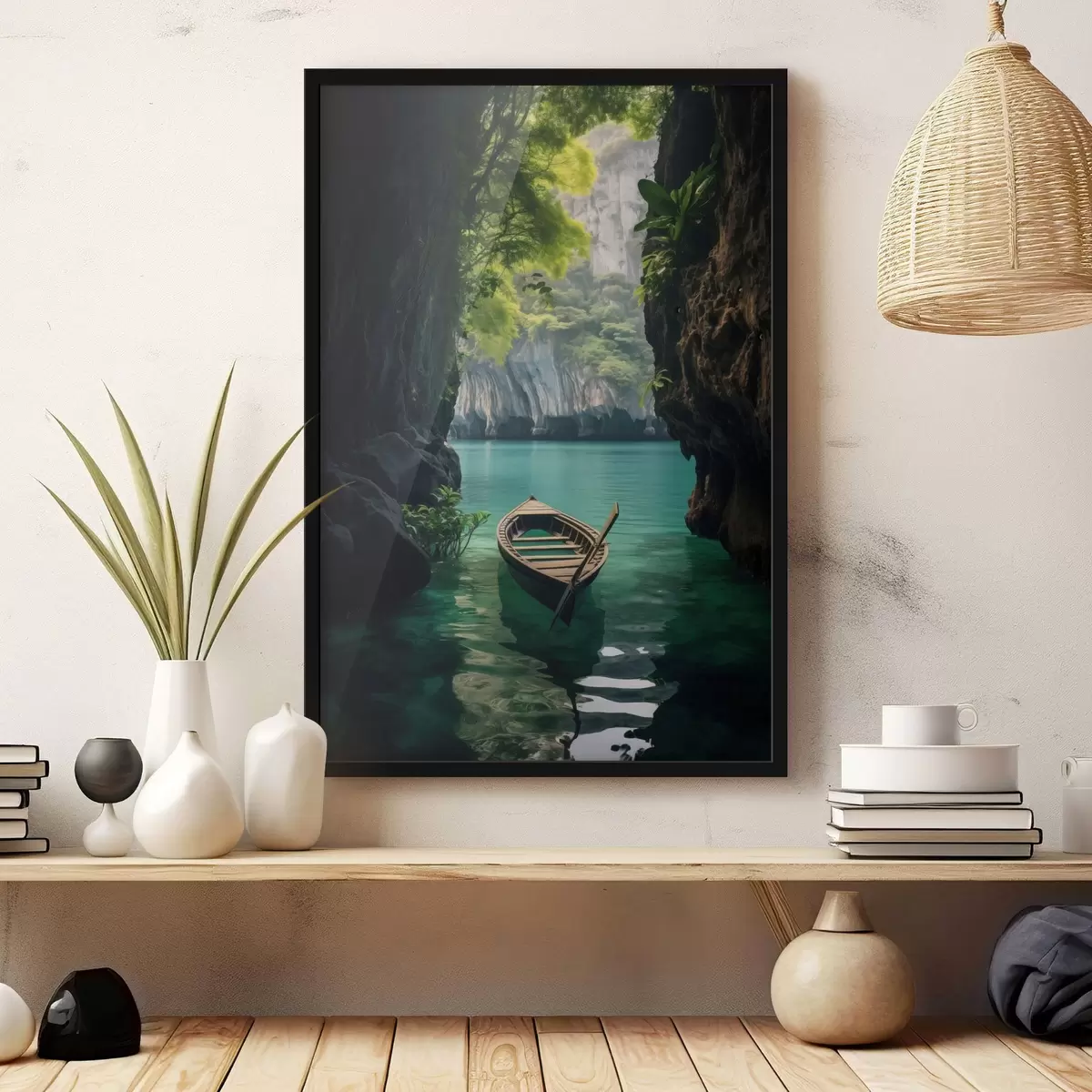 Poster Loď na tyrkysové vodě mezi skalami f45507