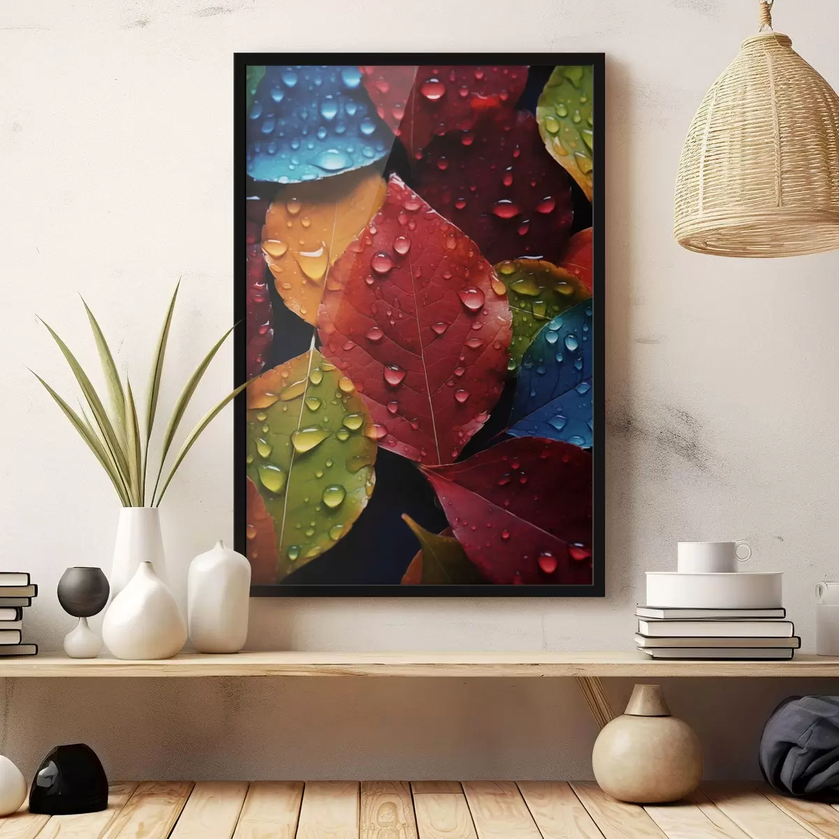 Poster Barevné listy s kapkami vody f45516