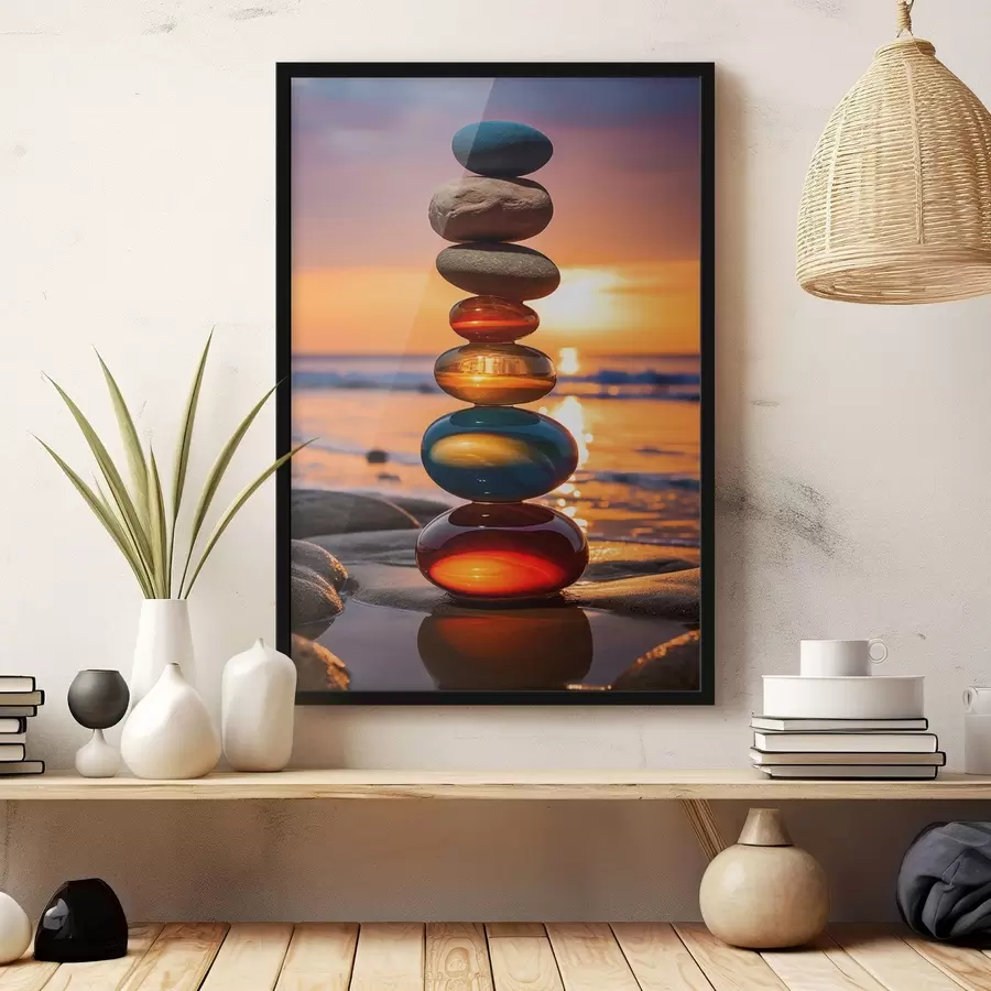 Fototapet Naskládané kameny na pozadí západu slunce f45520