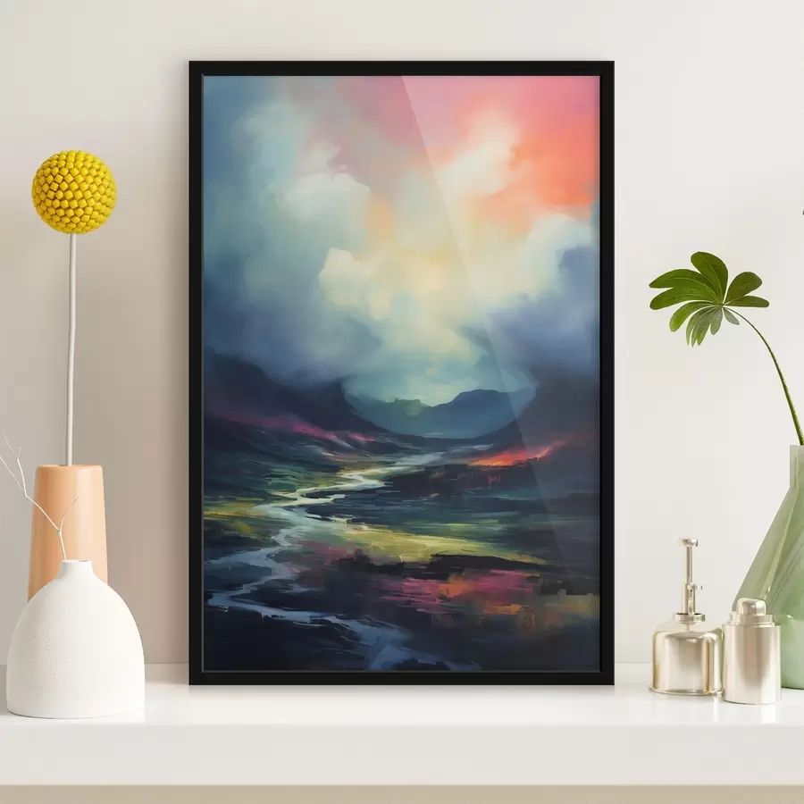 Fototapet Abstraktní krajina s řekou a horami f45627