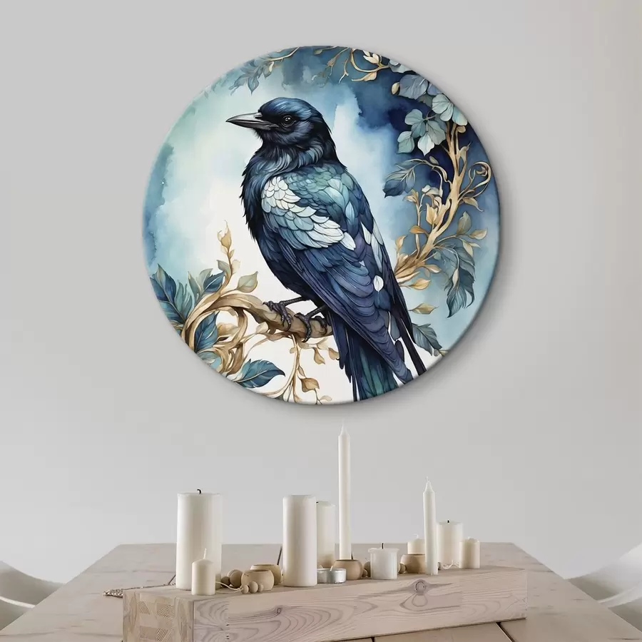 Obraz Modrý pták na větvi s akvarelovými listy Č. r45483