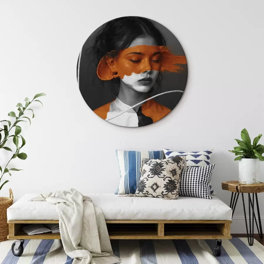 Obraz Portrét dívky s abstraktním oranžovým obrazem Č. r45495