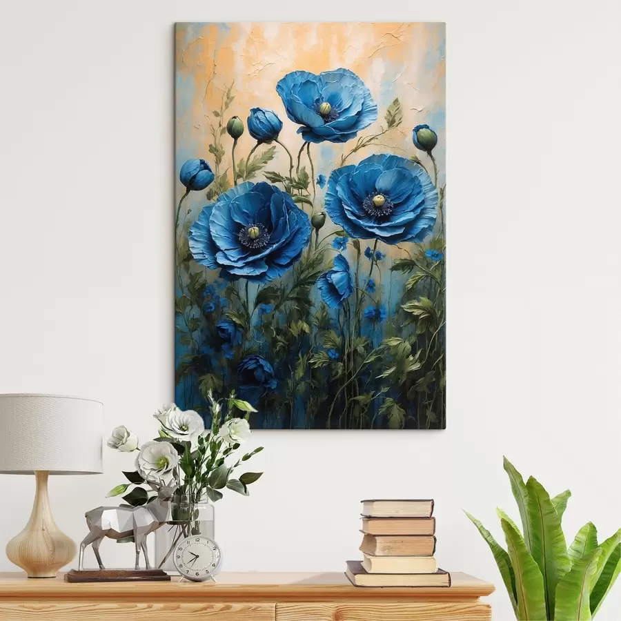 Obraz Velké modré máky s poupaty na světlém pozadí Č. s45488