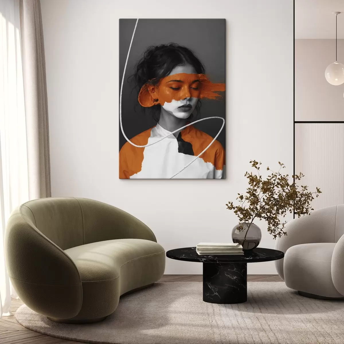 Obraz Portrét dívky s abstraktním oranžovým obrazem Č. s45495