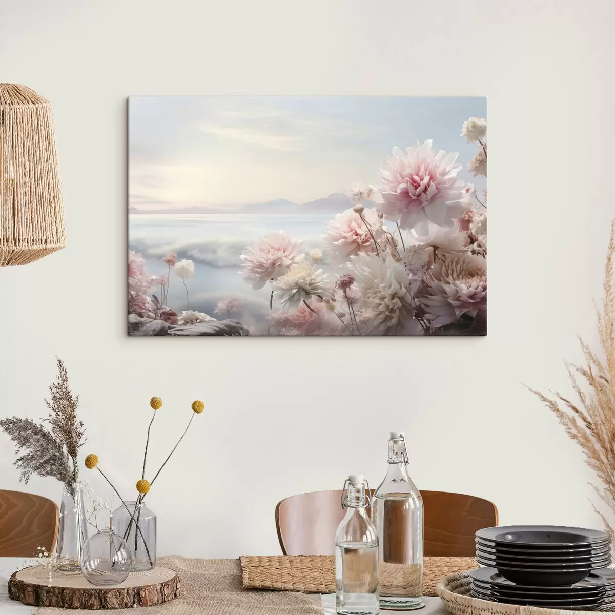 Obraz Jemné růžové květy u moře za úsvitu Č. s45496