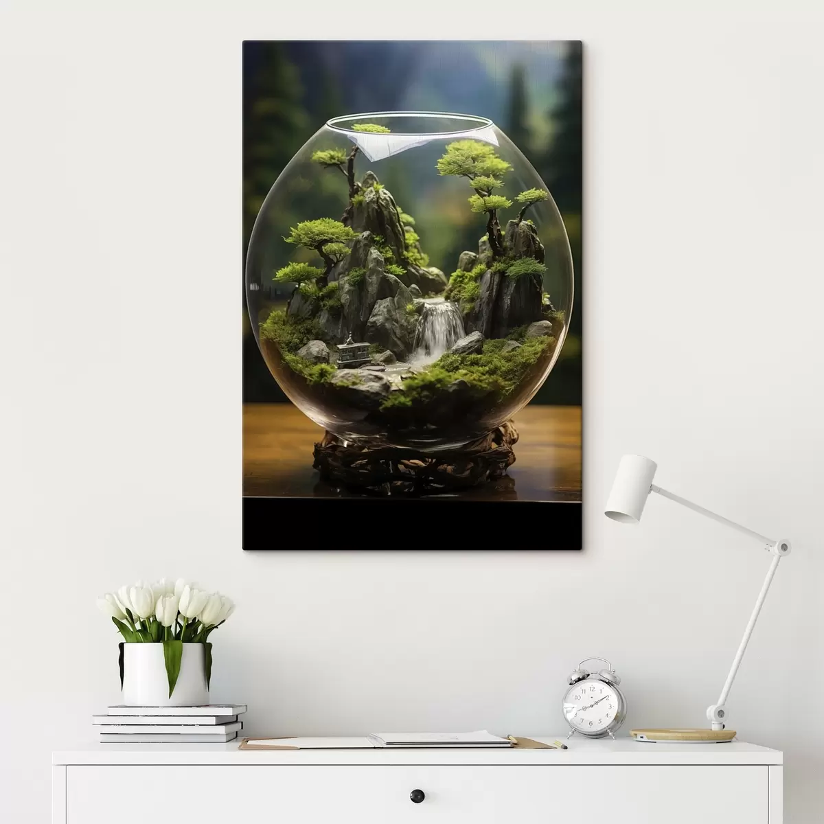Obraz Miniaturní krajina s vodopádem ve skleněné kouli Č. s45502