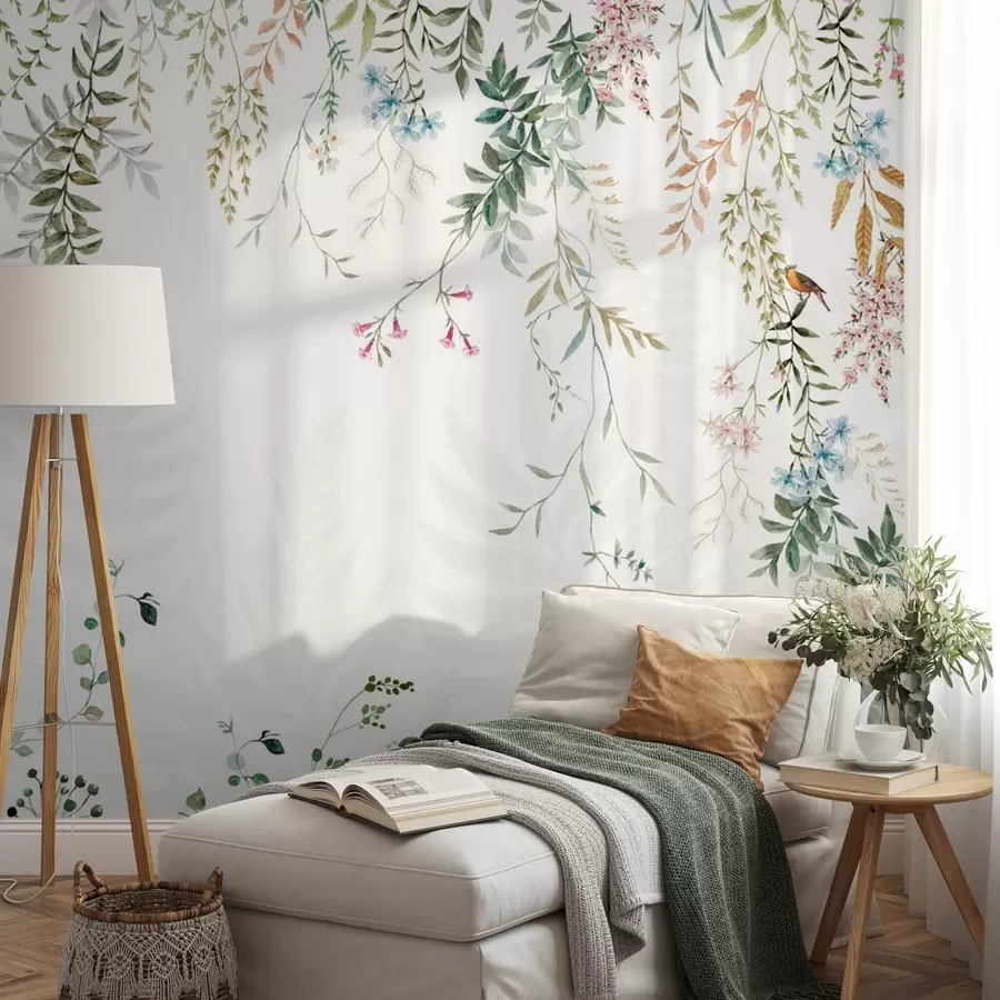 Fototapet Botanická ilustrace s kapradinami, trávou a visícími rostlinami, pastelové tóny, na bílém pozadí akvarelový texturovaný styl w09364