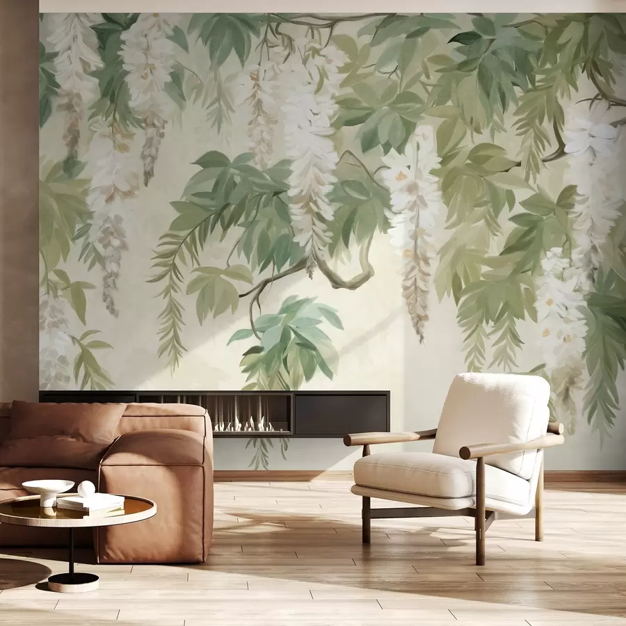 Fototapet Větve vistárie s bílými květy a zelenými listy, zelené pozadí, texturovaný styl vintage malby w09375