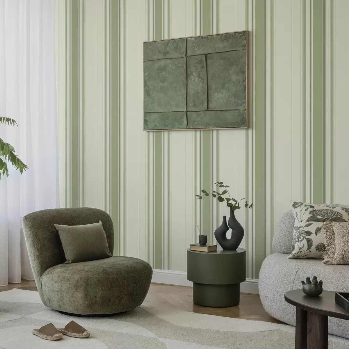 Tapety Krémové pozadí se širokým zeleným středovým pruhem a00519