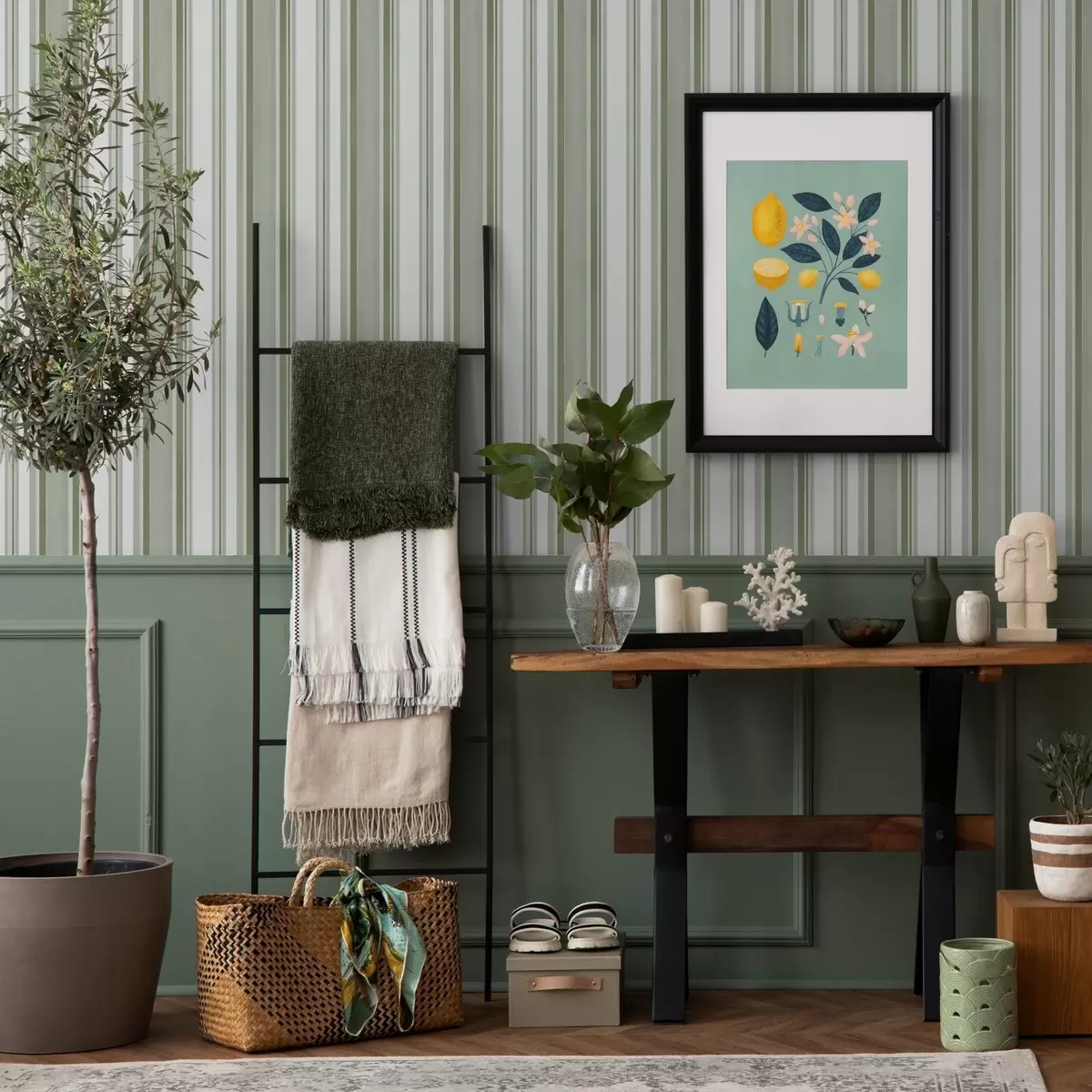 Tapety Zelené pruhy s bílými odstupy a tenkými čarami a00526