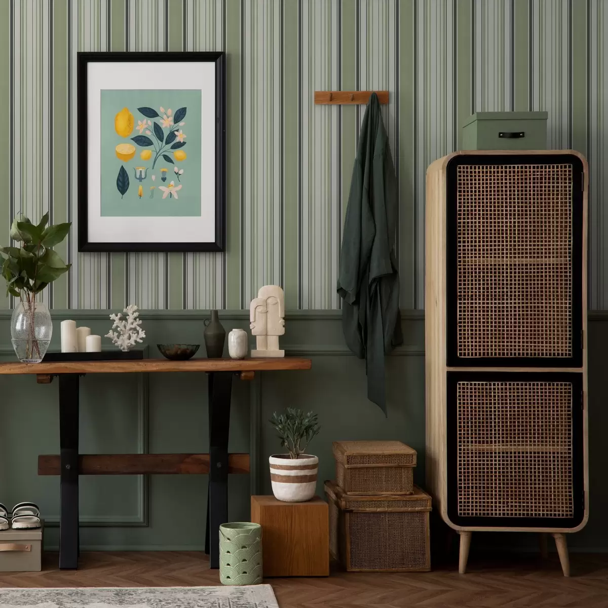 Tapety Krémové pozadí se směsí zelených a černých pruhů a00563