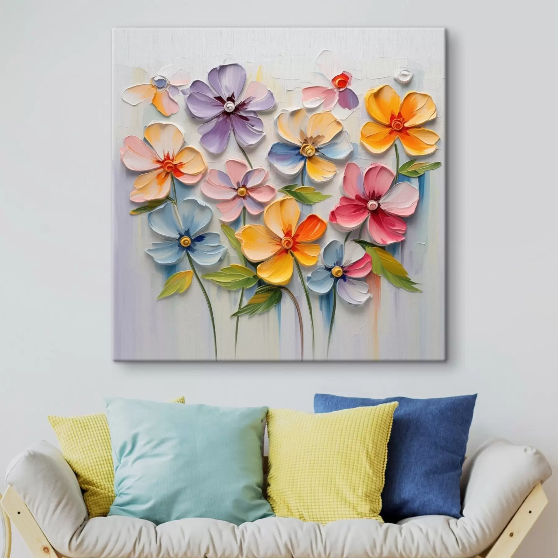 Obraz Květinové zátiší: pestrobarevné květiny technikou impasto Č. s45598